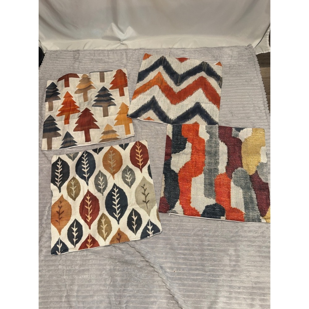 Set of 4 Modern Autumn Throw Pillow Covers 18x18 Trees Leaves Chevron Abstract